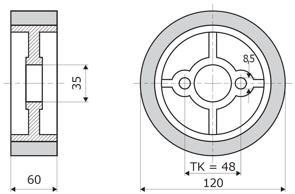 Rubber aanvoerrol 120x60 (35) Wit